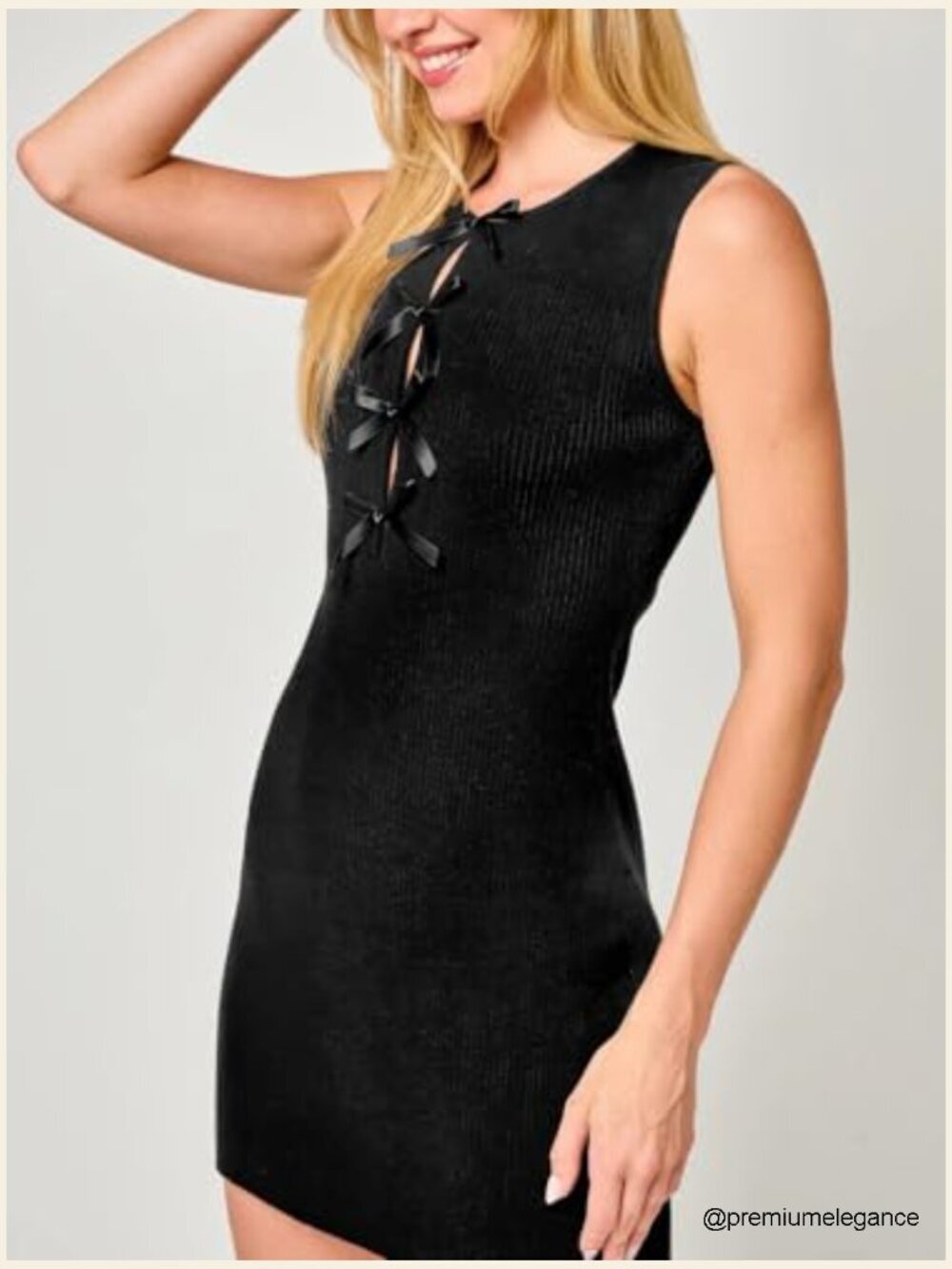 Crew Neck Bow Knot Sleeveless Ribbed Knit Bodycon Mini Dress - Picture 2 of 5
